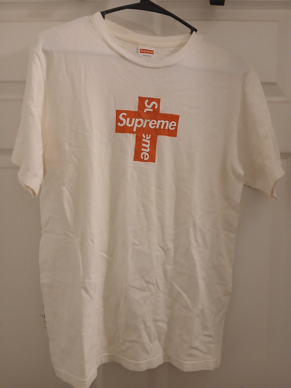 Supreme White Short-Sleeve T-Shirt with Orange Cross Logo
